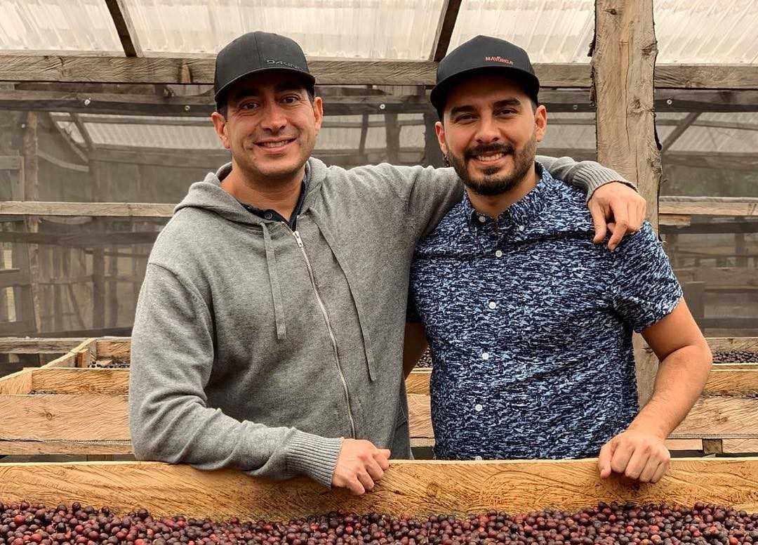 Martin Mayorga (left) from Mayorga Organics visits Max Perez (right) from the farm La Hermosa Coffee while sourcing coffee in Acatenango Valley, Guatemala