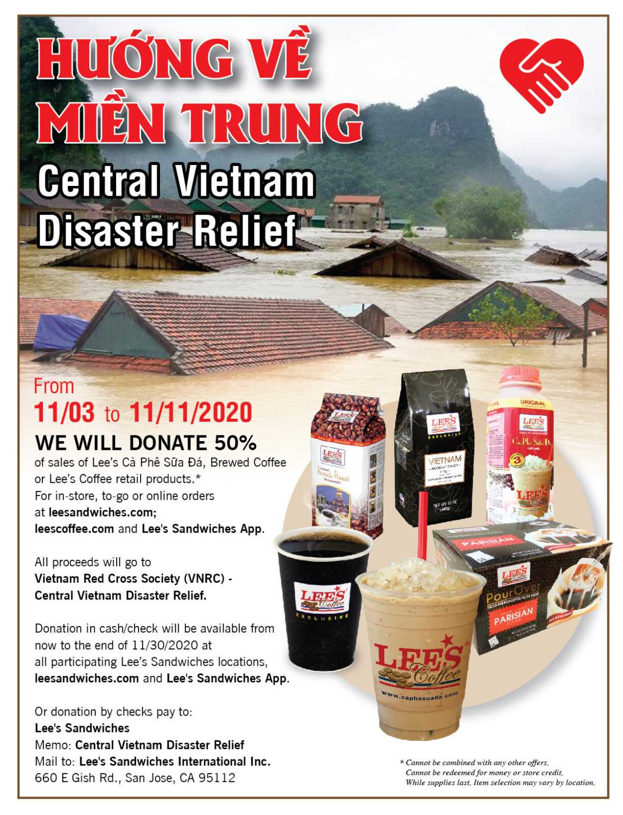 Lee's Sandwiches to donate 50% of coffee sales to Vietnam Disaster Relief