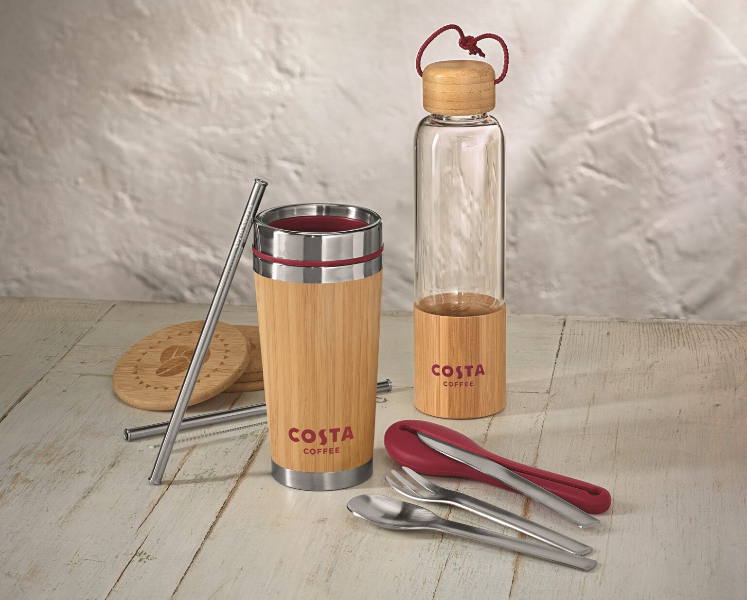 Costa Coffee the new bamboo reusable cup, bottle and coasters
